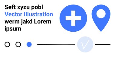 Tıbbi haç, lokasyon iğnesi ve kontrol işareti sağlık, navigasyon ve onay iletin. Sağlık uygulamaları, haritalar, görev yönetimi, kullanıcı arayüzleri vektör grafikleri minimalizmi mavi rengi için ideal
