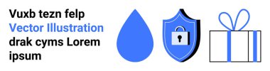 Su damlası, kilitli kalkan ve metin yanında hediye ikonu. Teknoloji, güvenlik, su tasarrufu, gizlilik politikası, online hizmet ödülleri ve hediyeler için ideal. İniş sayfası