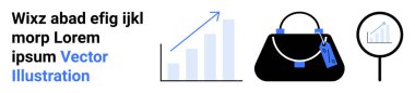 Yukarı doğru eğilim oklu bar tablosu, etiketli lüks bir çanta ve büyüteç, finansal büyüme, moda alışverişi, analiz, markalaşma ve perakende başarısı temaları artırıyor. İdeal