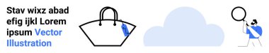 Etiketli alışveriş torbası, bulut simgesi ve büyüteçle teftiş yapan adam. Alışveriş, e-ticaret, analitik, araştırma, teknoloji, moda ve düz iniş sayfası afişi için ideal