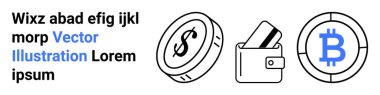 Dolar işaretli sikke, kartlı cüzdan ve Bitcoin sembolü. Finans, kripto para birimi, dijital cüzdan, çevrimiçi ödemeler, finansal teknoloji sanal para yatırımı için ideal. İniş sayfası