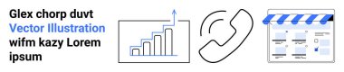 Büyümeyi gösteren yukarı doğru ok çizelgesi, iletişimi sembolize eden bir telefon simgesi ve ürün listelerini gösteren bir mağaza önü web sayfası. Pazarlama, e-ticaret, iletişim, büyüme için ideal