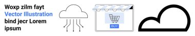 Veri çizgileri olan bulut simgesi, alışveriş arabalı dijital mağaza önü ve kalın bulut tasarımı. E-ticaret, bulut depolama, veri transferi, teknolojik yenilik, dijital pazarlama, İnternet hizmetleri için ideal