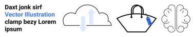 Okları olan bir bulut, alışveriş seti ve işaretli beyin hatları. Teknoloji, e-ticaret, yaratıcılık, zeka, kullanıcı etkileşimi, yenilik düz iniş sayfası afişi için ideal