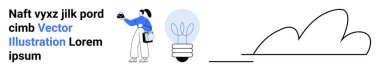 Elinde küçük bir şey tutan bir kadın, fikirleri sembolize eden büyük bir ampul ve soyut bulut deseni. Yenilik, yaratıcılık, tasarım düşünme, beyin fırtınası, teknoloji, eğitim düz iniş sayfası için ideal