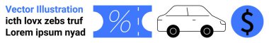 Bilet şeklindeki indirim simgesi, yüzde işareti, araba taslağı ve dolar sembolü. Tüketici tasarrufu, otomotiv finansmanı, anlaşmalar, bütçe, ulaşım, perakende tanıtımları için ideal