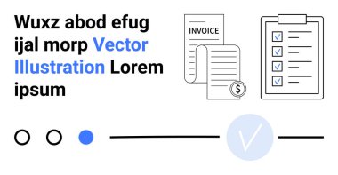Faturalı işle ilgili belgeler, panoda kontrol listesi, daireler ve arka planda bir kontrol işareti. İş sunumları, finans, proje yönetimi, örgütsel görevler için ideal
