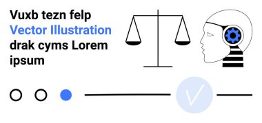 AI temalı insan kafası, teçhizat, dengeleyici teraziler ve minimalist tasarım elementleri. Yapay zeka, adalet, teknoloji, denge, yenilik tasarımı ve yasal için idealdir. İniş sayfası