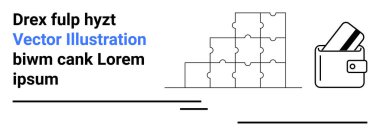 Sorun çözmeyi temsil eden bulmaca parçaları yığını. Cüzdanda kişisel finansmanı sembolize eden kredi kartları var. İş stratejisi, finansal planlama, organizasyon, uyum kavramları için ideal