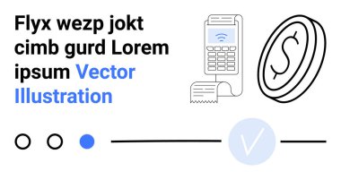 Faturanın yanında NFC ödeme terminali var, büyük para simgesi. İlerleme göstergeleri ve metin parçacıkları solda. Fintech, dijital ödemeler, cep telefonları, finans uygulamaları, işlem güvenliği, modern