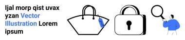 Alışveriş torbası, kilit ve büyüteç taşıyan kişi online alışveriş, gizlilik ve veri korumasını sembolize ediyor. Perakende satış, siber güvenlik, e-ticaret ve araştırma güvenliği için ideal.