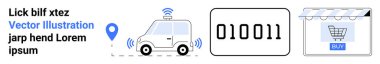 Konum belirleme simgesine sahip otomatik sürücü minibüsü veri transferini temsil eden ikili kod ve çevrimiçi alışveriş arayüzü. Ekommerce, teknoloji, yenilik, otomasyon, lojistik, veri dijital için ideal