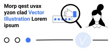Yıldızlar için büyüteç, sırtı bağlı kadın avatarı ve ilerleme göstergesi. Müşteri değerlendirmeleri, kullanıcı memnuniyeti, geri besleme analizi, hizmet kalitesi, istemci
