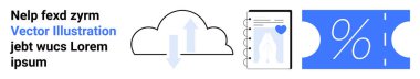 Oklu bulut, analitik ve kalp ikonlu defter, indirimli yüzdelik bilet. Veri depolama, promosyonlar, mobil uygulamalar, finans, pazarlama, satış soyut çizgisi düz metaforu için ideal