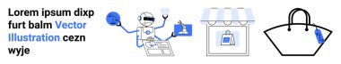 Yapay zeka robotu ürünlerle, vitrinlerle, online mağazalarla ve bir alışveriş çantasıyla etkileşim halindedir. E-ticaret için ideal, perakende satış, dijital alışveriş, otomasyon, ürün yönetimi, gelecekteki teknoloji sahanlığı sayfası