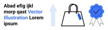 Fiyat etiketli alışveriş torbası, büyüme için yukarı ok sembolü ve kalite garantili mühür. Alışveriş, pazarlama, iş büyümesi, e-ticaret, kalite güvencesi, güven düz iniş sayfası afişi için ideal