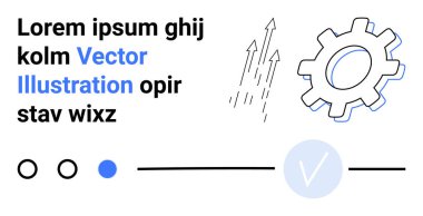 Vites sembolü, yükselen üç ok, mavi bir dairenin içinde kontrol işareti, çoklu dairesel elementler ve yer tutucu metin. İş kavramları, teknoloji, ilerleme, servis dağıtımı mekaniği için ideal
