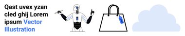Robot hareketi, fiyat etiketli alışveriş çantası ve bulut simgesi. Yapay zeka, çevrimiçi alışveriş, bulut bilgisayarı, teknoloji, yenilik, dijital mağaza düz iniş sayfası afişi için ideal