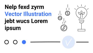 Metin blokları, sürgüler ve işaretlerle çevrili bozuk paraların yanına düşen ampul simgesi. Yenilik, finans, yaratıcılık, ilerleme teknolojisi iş stratejisi eğitimi için idealdir. İniş sayfası