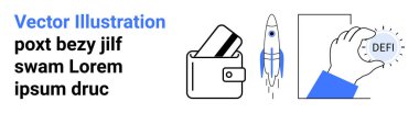Kartlı dijital cüzdan, roket fırlatma ikonu ve el ele tutuşan DEFI jetonu. Kripto para birimi, engelleme teknolojisi, girişimler, finans, finans yatırımları ve yenilikler için ideal. İniş sayfası
