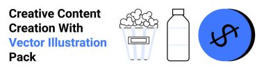 Popcorn box, water bottle, and dollar icon representing entertainment, refreshment, and finances. Ideal for marketing, ads, branding, media sales business flat landing page banner clipart