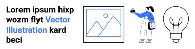 Tarz sahibi metin, özet çizilmiş galeri çerçevesi, elinde taşıma çantası olan mavi elbiseli kadın ve lamba çizimi. Yaratıcılık, yenilik, tasarım, ilham, pazarlama teknolojisi ve düz iniş sayfası için ideal