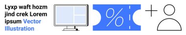 Arayüzlü bilgisayar monitörü, yüzde indirim bileti, kullanıcı profili simgesi ve sembol ekle. Dijital pazarlama, e-ticaret, kullanıcı kaydı, indirimli teklifler, çevrimiçi platformlar işi için ideal