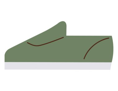 Temiz tasarım ve beyaz taban üzerinde kahverengi aksanlı yeşil kaygan ayakkabı. Moda, ayakkabı, basitlik, minimalizm, tarz kavramları, markalaşma, reklam için idealdir. Düz renk simgesi