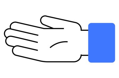 Mavi manşetli, avuç içi açık, minimalist tarzda bir el, vermek, istemek, sunmak veya yardım etmek gibi çeşitli temaları iletiyor. Hayırseverlik, iletişim, etkileşim, destek için ideal