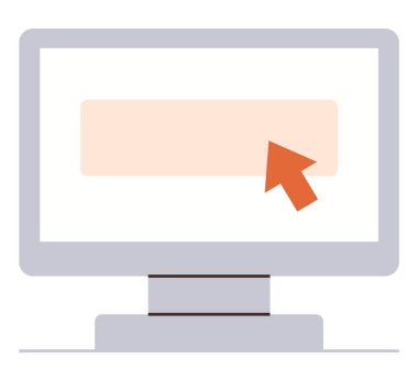 Bilgisayar monitörü dikdörtgen bir düğme ve turuncu bir imleç işaretçisi gösteriyor. UIUX tasarımı, web arayüzü, navigasyon, etkileşim, teknoloji, yazılım ve erişilebilirlik kavramları için idealdir. Düz