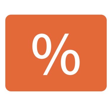 Katı turuncu dikdörtgen üzerine kurulmuş beyaz yüzdelik sembol. Satışlar, indirimler, faiz oranları, finans, ölçüm, veri analizi, eğitim için idealdir. Düz renk simgesi