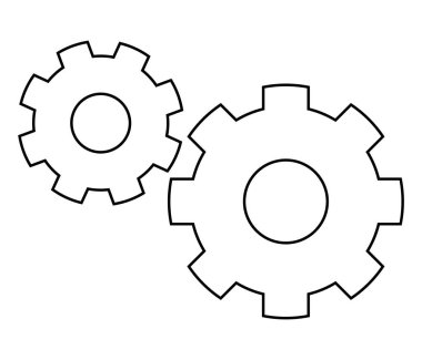 Bağlantı, takım çalışması, süreç ve endüstriyel mekanizmaları temsil eden iki basit, siyah ana hatlı vites. Mühendislik, işbirliği, üretkenlik, iş dünyası için ideal