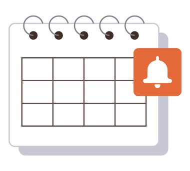 Spiral-bound calendar grid paired with orange notification bell. Ideal for scheduling, planning, time management, productivity, reminders, event coordination, and task organization. Flat color icon clipart