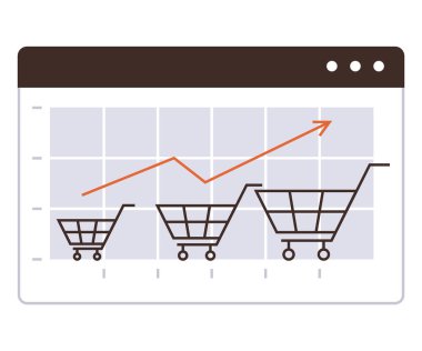 Büyüyen alışveriş arabaları ve yükselen oklarla yapılan grafikler satışların büyümesini simgeliyor. Perakende, e-ticaret, iş analizleri, pazarlama, finansal tahminler, strateji ve başarı için ideal. Düz renk