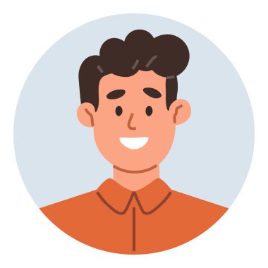 Kısa kahverengi saçlı, parlak gülüşlü, turuncu gömlekli neşeli bir genç. Profil fotoğrafı, avatar, sosyal medya, iletişim, çeşitlilik, kimlik, uygulamalar düz renk simgesi için ideal