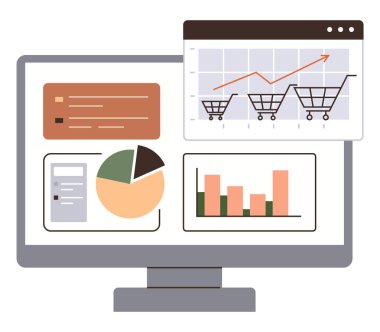 Bilgisayar monitörü analitik, bar çizelgeleri, pasta grafiği ve alışveriş arabası grafiği gösteriyor. E-ticaret, finans, pazarlama, veri analizi, iş stratejisi perakende anlayışı teknolojisi için ideal