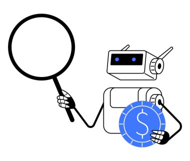 Dost canlısı robot büyüteç ve dolar işaretli mavi sikke sembolü tutuyor. Finans, yapay zeka, teknoloji, veri analizi, otomasyon, yatırım, internet hizmeti için ideal. İniş sayfası