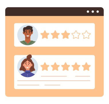 Değerlendirme, geri bildirim veya not almak için bir tarayıcı arayüzündeki yıldız reytingleri ile eşleştirilmiş profil resimleri. Kullanıcı denetimi, hizmet kalitesi, referans, web sitesi arayüzü, ürün geri bildirimi için ideal