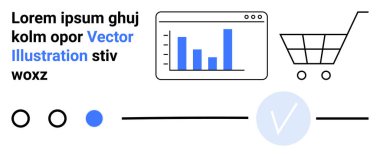 Alışveriş arabası, ekranda bar grafiği, metin tutucuları, dairesel simgeler, ilerleme çubuğu ve kontrol kartı. E-ticaret için ideal, veri görselleştirme, web tasarımı UIUX iş analitiği kavramları