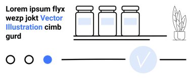 Yakınlarda saksı bitkisi bulunan bir rafta üç kavanoz, yanında daireler ve çizgiler gibi arayüz elementleri ve yer tutucu metin bulunuyor. Web tasarımı için ideal, UIUX, dijital sanat, e-ticaret, markalaşma