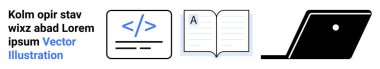 Panelde kod etiketi, açık kitap ve modern dizüstü bilgisayar konsepti. Eğitim, kodlama, e-öğrenme, teknoloji, çevrimiçi kaynaklar, soyut çizgi düz metaforu programlamak için ideal