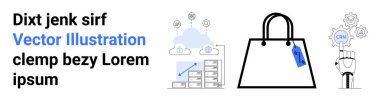 Bulut büyüten grafikler, fiyat etiketli alışveriş torbası, vitesli robot kolu. Ticaret, e-ticaret, veri, otomasyon, ekonomi bulut teknolojileri için ideal CRM. Mükemmel düz iniş sayfası afişi