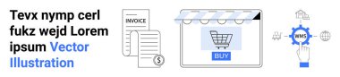 Dijital ekranda alışveriş arabası, fatura belgesi, para sembolü, depo yönetim sistemi teçhizatı. E-ticaret, FinTech, ödeme çözümleri, otomasyon, iş akışı lojistik düz iniş sayfası için ideal