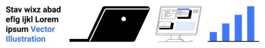 Laptop silueti, tarayıcı pencereli bilgisayar ekranı, çubuk grafiği artıyor. Üretkenlik, teknoloji, veri analizi, başarı, büyüme uzaktan kumandalı dijital stratejiler için idealdir. Soyut satır düzlüğü