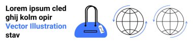 İki dönen dünya simgesinin yanında fiyat etiketi olan el çantası. Metin Lorem ipsum yer tutucuyu içeriyor. E-ticaret, küresel iş, çevrimiçi alışveriş, perakende, moda, reklam, markalaşma için ideal