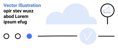 Bulut simgesi, dairesel kontrol işareti, grafikli büyüteç, metin blokları ve üç nokta. Teknoloji, ilerleme izleme, veri analizi, proje yönetimi, bulut hesaplama işi için ideal