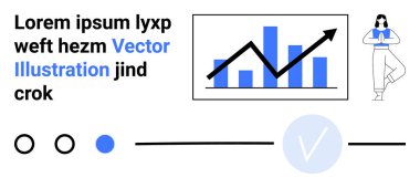 Metin ve çubuk grafiği yukarı doğru eğilimli ok ve yoga pozisyonunda bir karakter. Çemberler ve işaretler çeşitli elementleri vurgular. İş, sağlık, teknoloji, sunum, refah ve denge için ideal