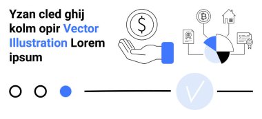 El ele tutuşan dolar ikonu, pasta grafiği, Bitcoin evi, belge parası, teknoloji hattı arayüzü. Finans, yatırım, dijital para birimi, fintech wealth yönetimi iş analizleri için ideal ekonomi
