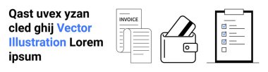 Dijital cüzdanda kredi kartları, bir fatura belgesi ve kontrol işaretli bir kontrol listesi panosunun yanında. Finans, organizasyon, ödemeler, bütçe, planlama, muhasebe, üretkenlik için ideal