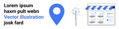 Lorem ipsum 'a mesaj at, mavi lokasyon şifresi, rüzgar türbini ve mavi çizgili tenteli online mağaza önü. Dijital pazarlama, e-ticaret, yenilenebilir enerji, web tasarımı, teknoloji konumu için ideal